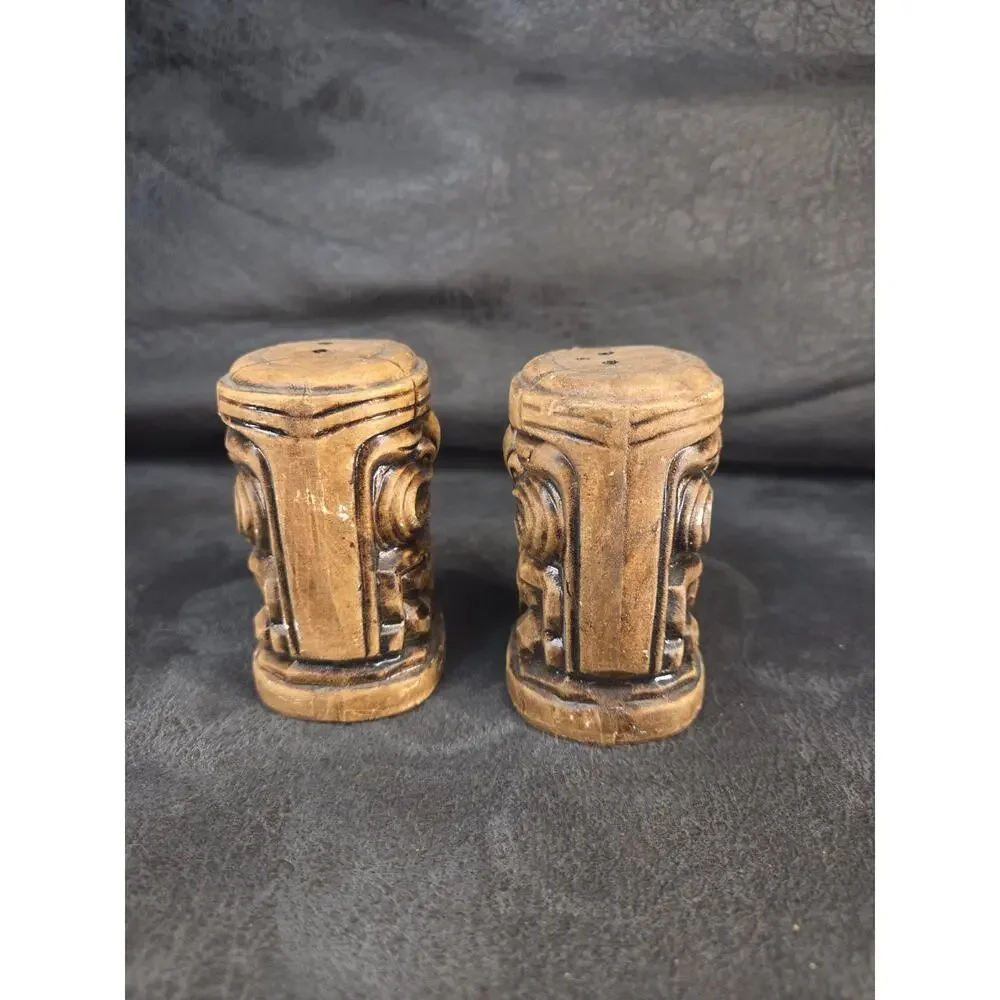 Vintage Tiki God Salt & Pepper Shakers Set Ceramic Faux Wood Style Made in Japan